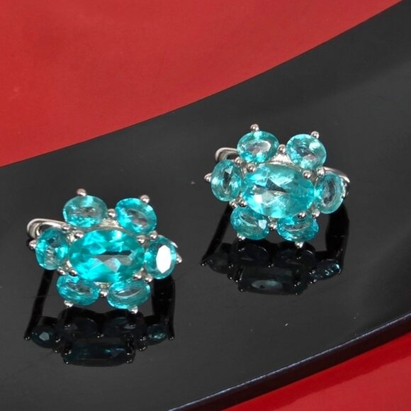 925 Sterling Silver Earrings with Natural Paraiba Blue Topaz 7x5mm Gemstone - Picture 2 of 6
